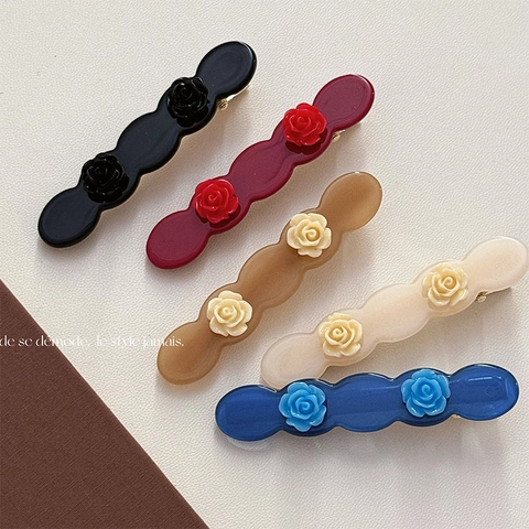 Pince à Cheveux Élégante en Acétate de Cellulose Fleur de Rose pour Femme Pince à Bec de Canard Ondulée Accessoire Cheveux