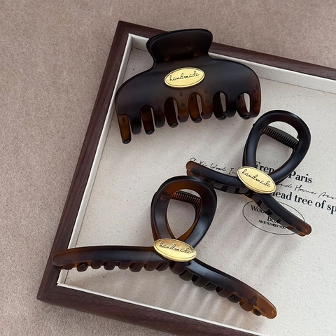 Pinze per Capelli Tartarugate Vintage da Donna Elegante Opaca Ambra Plastica Con Targhetta Handmade Dorata