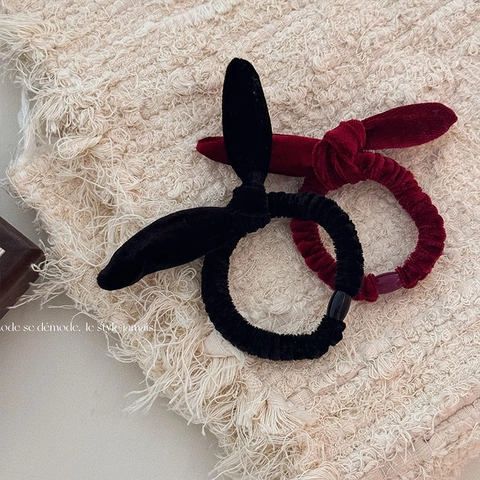 Elastici per Capelli Fatti a Mano in Velluto con Fiocco e Orecchie da Coniglio per Donna Morbido Tessuto Elastico Nero Rosso