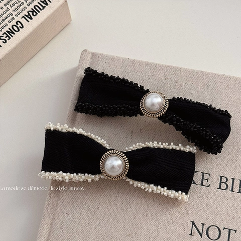 Fermaglio per Capelli a Fiocco Rétro Francese Con Perla Artificiale Bordo di Perline Elegante Tessuto Accessori Capelli Donna