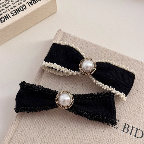 Fermaglio per Capelli a Fiocco Rétro Francese Con Perla Artificiale Bordo di Perline Elegante Tessuto Accessori Capelli Donna