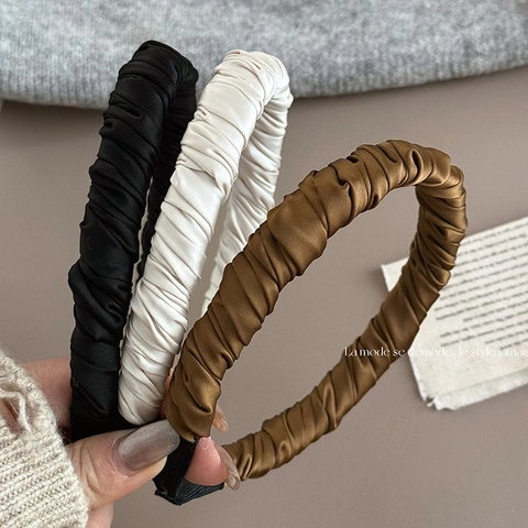 Diadema de Satén Fruncido Elegante para Mujer Color Sólido Banda de Pelo Plisada Estilo Coreano Diseño de Techo Alto Accesorio