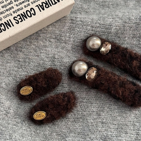 Fermaglio per Capelli Vintage in Peluche Caffè Marrone BB Clip Con Targhetta Oro Perla Artificial Strass Accessori Capelli Donna