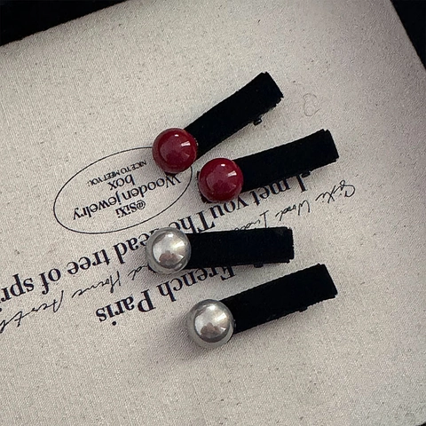 Vintage Samt Entenschnabel Haarklammer Set Elegant Rot Silber Rundperlen Haarnadeln Kleine Pony Seitenclips Für Damen Haarschmuck