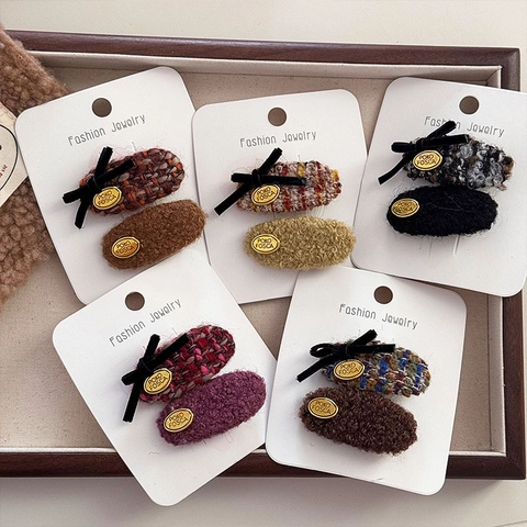 Korean Style Tweed Fabric Hair Clips Oval Metal Tag Velvet Bow Duckbill Side Clips Set For Women Girls Retro Winter Accessories