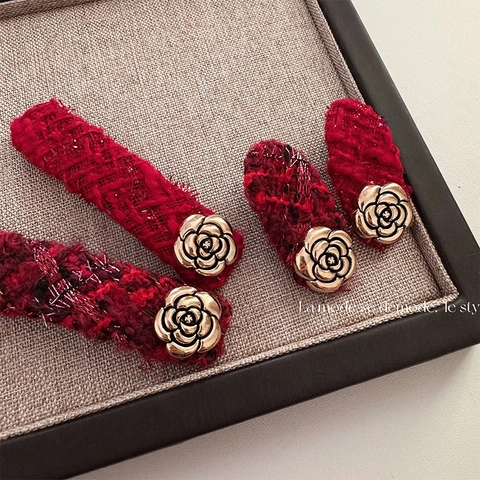 Vintage Tweed Kamelie Haarklammer Für Damen Französisch Elegant Roter Stoff Blume BB Clip Entenschnabelklemme Haarschmuck