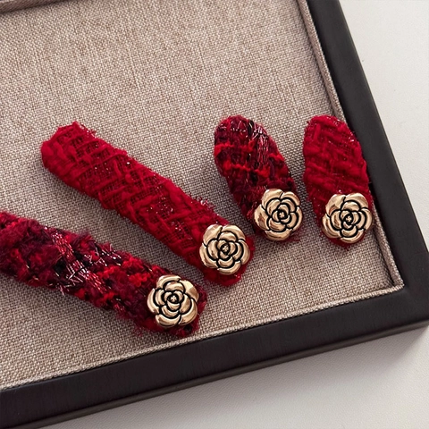 Vintage Tweed Kamelie Haarklammer Für Damen Französisch Elegant Roter Stoff Blume BB Clip Entenschnabelklemme Haarschmuck