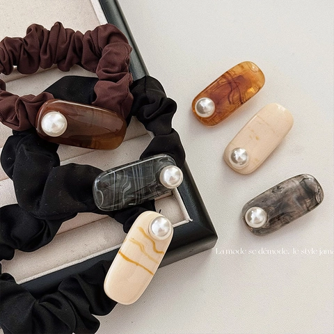 Fermaglio per Capelli Elastico Retrò Francese Trama Marmo Con Perla Artificial Sintetica Elegante Becco d'Anatra Accessori Donna