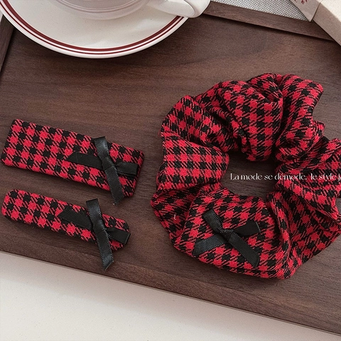 Vintage Red Houndstooth Plaid Bow Hair Clip Fabric Rectangle BB Clip Preppy Style Bangs Clip Hair Accessories For Women