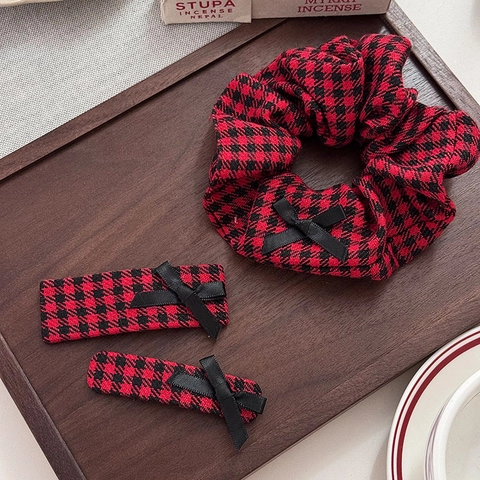 Vintage Red Houndstooth Plaid Bow Hair Clip Fabric Rectangle BB Clip Preppy Style Bangs Clip Hair Accessories For Women