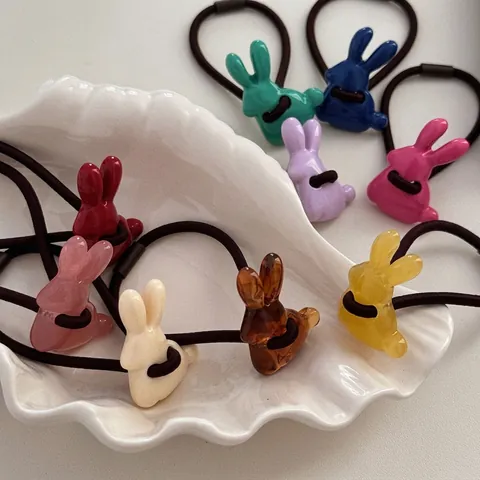 Coleteros de Resina de Conejo 3D Lindos para Mujeres Niñas Alta Elasticidad Color de Dopamina Accesorios para el Cabello de Animales