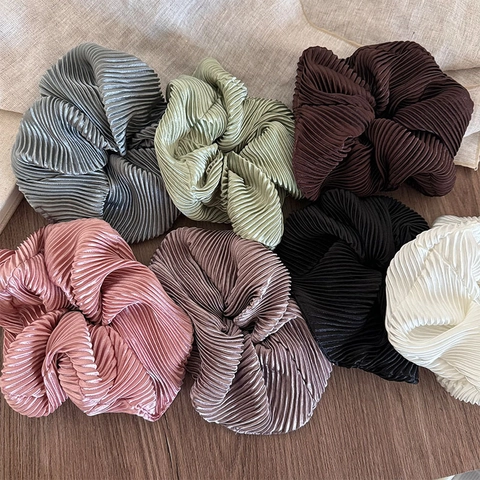 French Vintage Pleated Large Scrunchies Shiny Satin Fabric Hair Ties Romantic Oversized Hair Bands For Women Girls Daily Hair Accessories