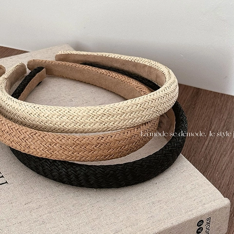 Retro Handmade Straw Weave Headband Solid Color Thin Hair Hoop For Women Vacation Style Fashion Hair Accessories