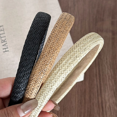 Retro Handmade Straw Weave Headband Solid Color Thin Hair Hoop For Women Vacation Style Fashion Hair Accessories