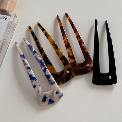French Vintage Acetate U Shaped Hair Fork Leopard Marble Hair Sticks Elegant Rhinestone Chignon Hair Pins Women Styling
