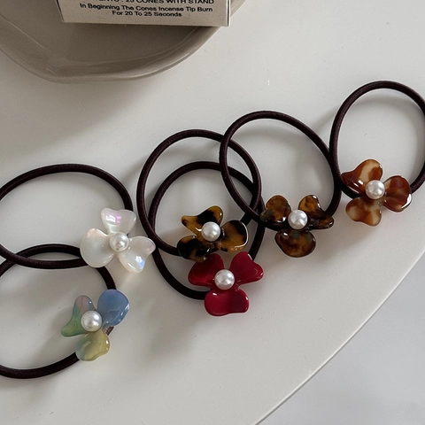 Elastico per Capelli Vintage Francese a Fiori in Acetato Elegante con Perla Artificiale Supporto per Coda di Cavallo Donna