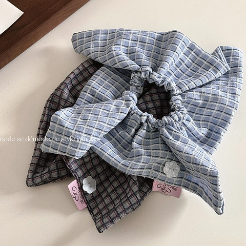 Scrunchie in Tessuto a Quadri Minimalista Coreano per Donna Con Decorazione a Bottone a Fiore Gioielli per Capelli