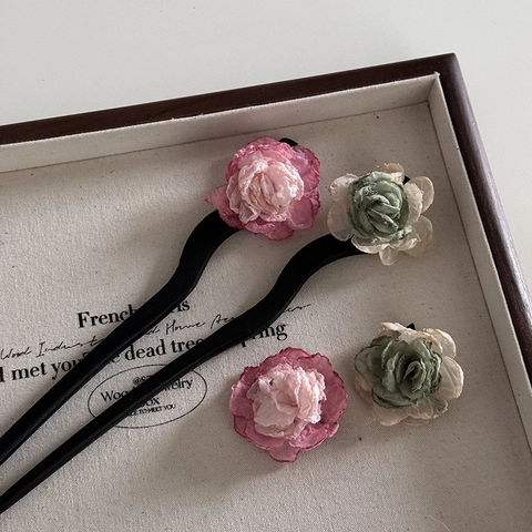 Vintage Handgefertigter Stoff Kamelie Haarstab Retro Eleganter Harz Holzmaserung Haarnadel Für Damen Hanfu Qipao Haarschmuck