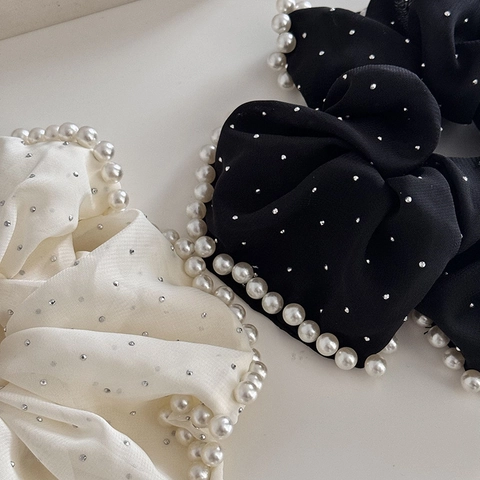 Grande Elastico per Capelli con Künstliche Perle e Strass Stellati Francese Elegante Oversize Chiffon Cravatta per Capelli per Donne Ragazze