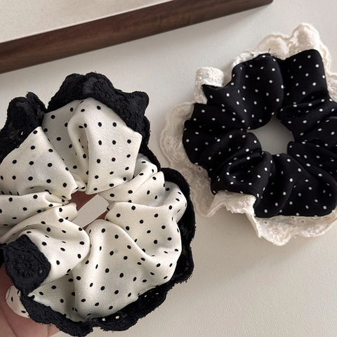 Französischer Vintage Polka Dot Haargummi Mit Spitzenbesatz Eleganter Elastischer Haarzopf Für Damen Mädchen Stoff Haarschmuck