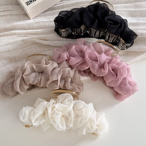 Grande Pinza per Capelli Elegante in Tessuto di Organza Plissettato a Rete Shark Clip Accessori per Capelli Stile Coreano Donna