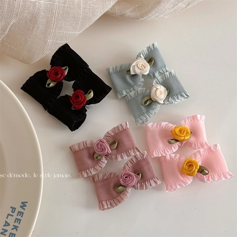 Set di Fermagli per Capelli a Forma di Fiocco con Rosa in Stile Francese Vintage Fatti a Mano Clip a Becco d'Anatra e BB Pins per Donna e Ragazza