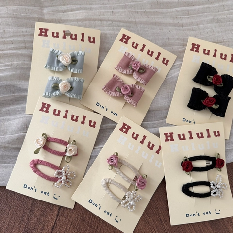 Ensemble de Barrettes à Cheveux Nœud en Tissu Vintage Français Rose Fait à la Main Pinces à Bec de Canard et Épingles BB pour Femmes Filles