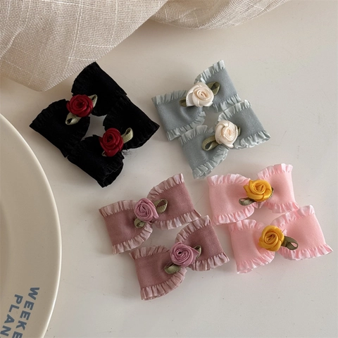 Ensemble de Barrettes à Cheveux Nœud en Tissu Vintage Français Rose Fait à la Main Pinces à Bec de Canard et Épingles BB pour Femmes Filles