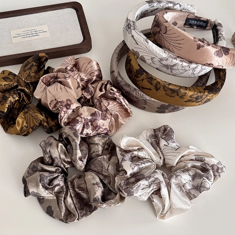 Accessori per Capelli Vintage in Satin con Fiori a Inchiostro Donna Elegante Stile Cinese Scrunchies e Cerchietti Imbottiti