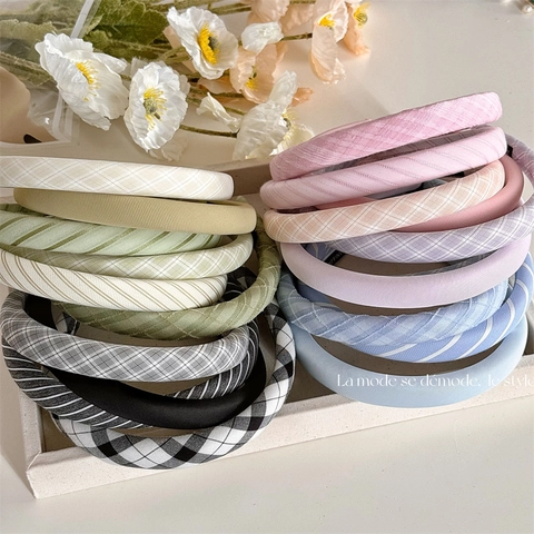 Sweet Plaid Padded Headband For Women French Vintage Fabric Wrapped Sponge Wide Hair Hoop Handmade Hair Accessories
