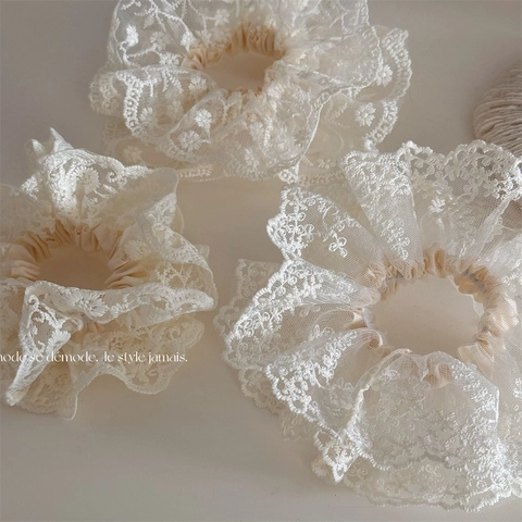 Franse Vintage Kant Scrunchie Elegant Crème Wit Kunststof Hars Bloemen Borduurwerk Haarelastiek Vrouwen Haaraccessoires