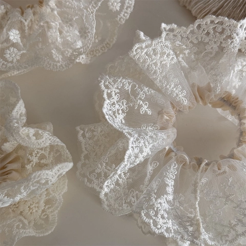 Franse Vintage Kant Scrunchie Elegant Crème Wit Kunststof Hars Bloemen Borduurwerk Haarelastiek Vrouwen Haaraccessoires