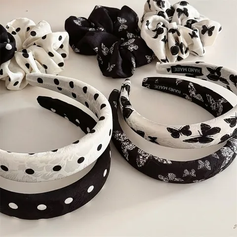 Franse Stijl Satijnen Haaraccessoires Voor Dames Zwart Wit Stippen Vlinder Print Hoofdband En Scrunchie Elegante Haarband