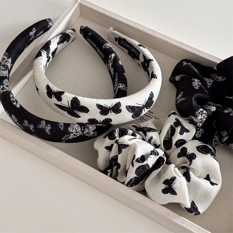 Franse Stijl Satijnen Haaraccessoires Voor Dames Zwart Wit Stippen Vlinder Print Hoofdband En Scrunchie Elegante Haarband