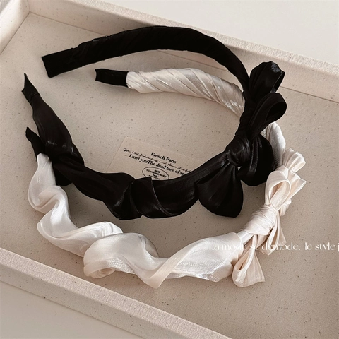 Cerchietto con Fiocco Plissettato in Satin Stile Francese Elegante Cerchietto per Capelli Effetto Seta per Donna