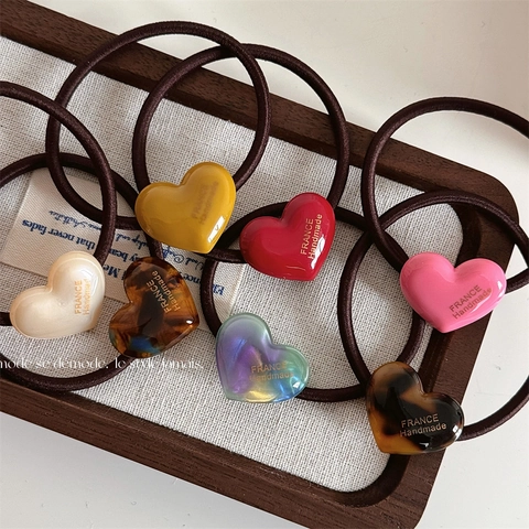 Coleteros de Acetato de Corazón Dulce para Mujer Hechos a Mano Alta Elasticidad Color de Caramelo Lazos para el Pelo Elegantes Dijes de Corazón Accesorios para el Cabello