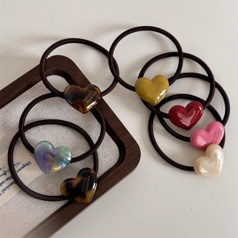 Coleteros de Acetato de Corazón Dulce para Mujer Hechos a Mano Alta Elasticidad Color de Caramelo Lazos para el Pelo Elegantes Dijes de Corazón Accesorios para el Cabello