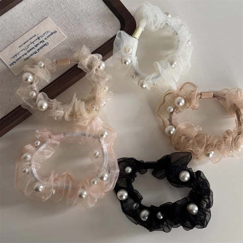 Elastici per Capelli in Organza Coreani Con Perle Artificiali per Donna in Maglia Con Volant Accessori per Capelli