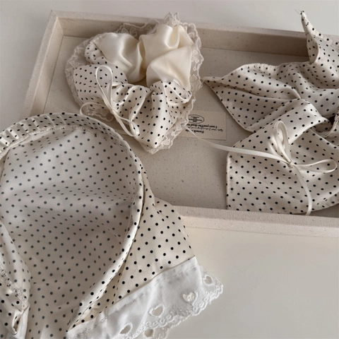 French Vintage Cream Polka Dot Satin Hair Scrunchie With Lace Edge Sweet Ribbon Bow Hair Ties Bandana For Women Accessories