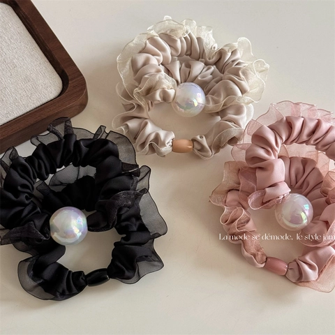 Iridescent Artificial Pearl Mesh Scrunchies Elegant Pleated Satin Elastic Hair Ties For Women Korean Style Fashion Hair Accessories