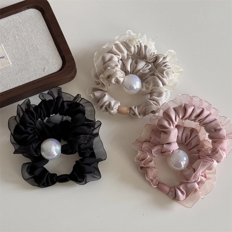 Iridescent Artificial Pearl Mesh Scrunchies Elegant Pleated Satin Elastic Hair Ties For Women Korean Style Fashion Hair Accessories