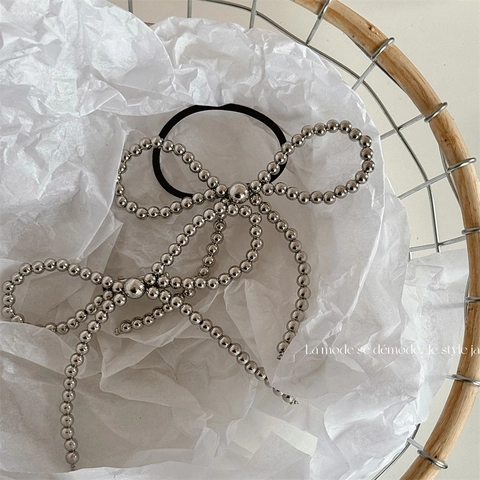 Handgefertigte Perlen Schleife Haarclip Silber Schwarz Schleife Haargummi Für Damen Balletcore Kunststoff Harz Perlen Entenschnabel-Clip Haarschmuck