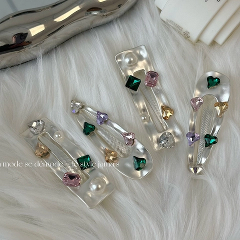 Fermaglio per Capelli in Lega Vintage Strass Colorati Perla Artificiale Goccia Rettangolo Fermaglio Donna Gioielli