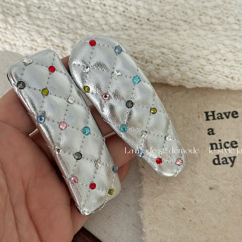 Silver PU Leather Quilted Lattice Hair Clips With Colorful Rhinestones Y2K Fashion Star Pattern BB Clips Hair Pins For Women