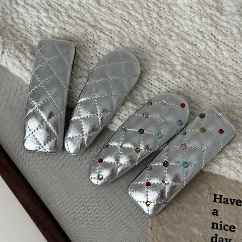 Silver PU Leather Quilted Lattice Hair Clips With Colorful Rhinestones Y2K Fashion Star Pattern BB Clips Hair Pins For Women
