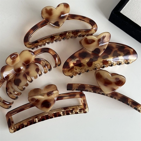Vintage Leopardenmuster Schildpatt Haarkralle Große Blume Herz Rechteck Kunststoff Haarklammer Für Damen Haarschmuck