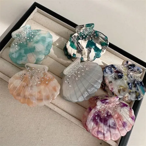 Elegant Shell Shape Acetate Hair Claw Clip With Rhinestone Korean Style Marble Texture Hair Accessories For Women Jewelry