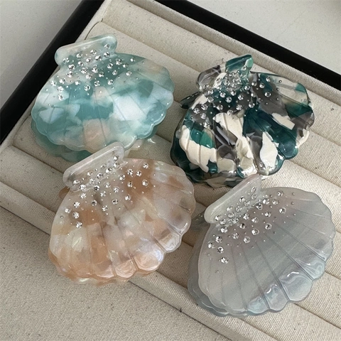 Elegant Shell Shape Acetate Hair Claw Clip With Rhinestone Korean Style Marble Texture Hair Accessories For Women Jewelry