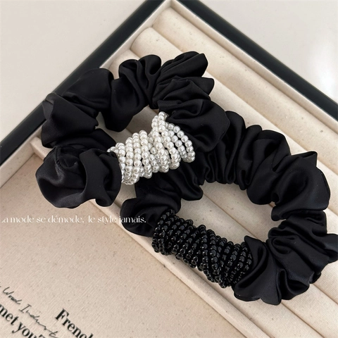 Scrunchies in Satin Vintage Francese Con Perline Artificiali Grandi Elastici per Capelli Donna Eleganti Accessori Capelli