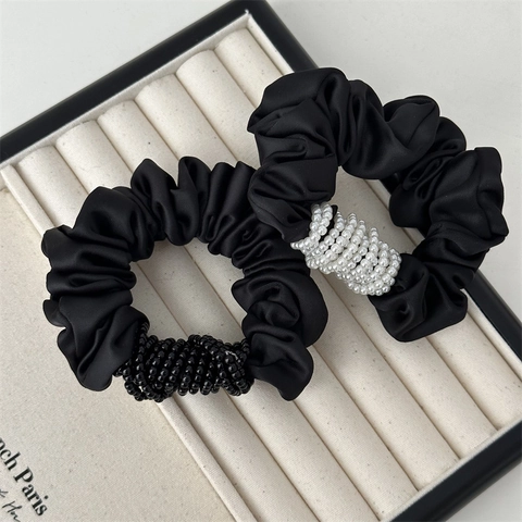 Scrunchies in Satin Vintage Francese Con Perline Artificiali Grandi Elastici per Capelli Donna Eleganti Accessori Capelli